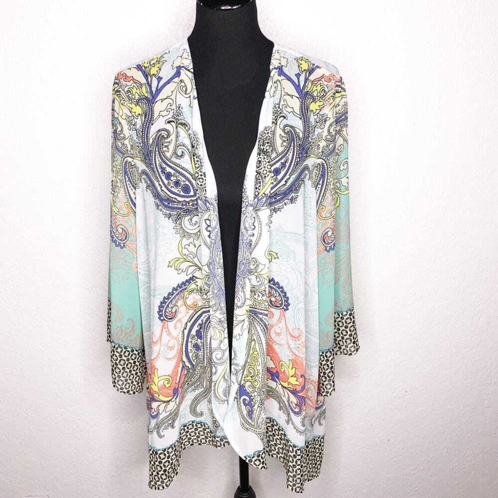 Softโ Surroundings white paisley sheer sequin beaded trim open front jacket XL